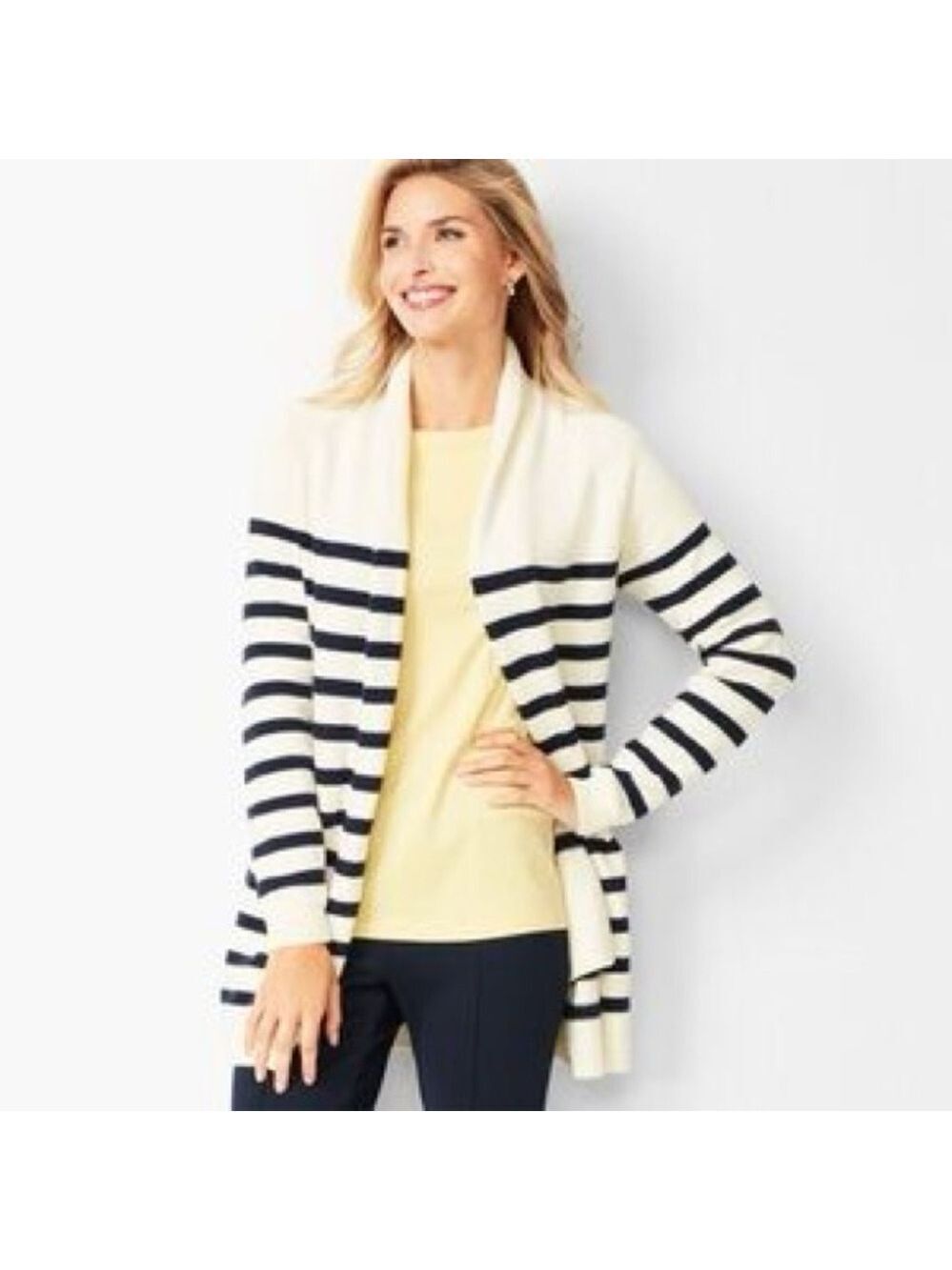 J.Jill Ivory Navy Striped Open Front Duster Cardigan Women M Long Sleeve Sweater